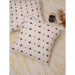 Ratan Cart White & Red 2 Pieces Floral Embroidered Cotton Square Cushion Covers-picture-28
