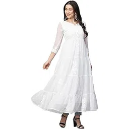 ratan Women's Solid Georgette Tiered Chikankari Flared Kurti Gown Maxi Dress-picture-10
