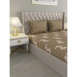 Raymond Home Camphor Khaki Floral Printed 144 TC Cotton Queen Bedsheet & 2 Pillow Covers-image-48