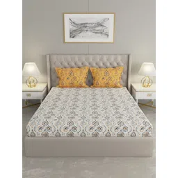 Raymond Home Camphor Yellow Printed Cotton 144 TC Queen Bedsheet With 2 Pillow Covers-image-49