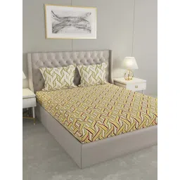 Raymond Home Green & Yellow Cotton 144 TC King Bedsheet with 2 Pillow Covers-image-3