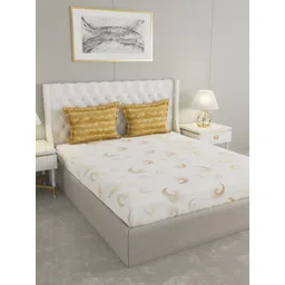 Raymond Home White & Gold-Toned Geometric 140 TC Queen Bedsheet with 2 Pillow Covers-image-9