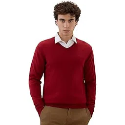 Men Regular Fit Solid Pattern Merino Wool Acrylic Blend V Neck Full Sleeve Casual Winter Wear Orange-image-19