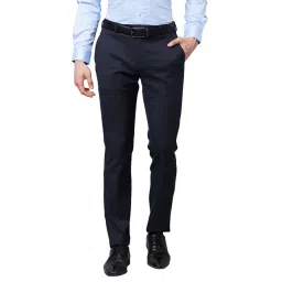 Raymond Dark Blue Slim Fit Self Design Flat Front Trousers-picture-22