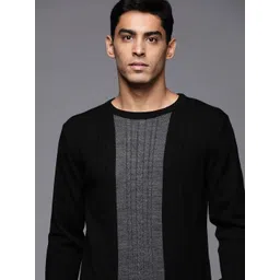 Raymond Men Black & Grey Colourblocked Pullover with Cable Knit Detail image 1