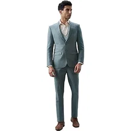 raymond Men Contemporary Fit Structure Pattern Terry Rayon Blend Peak Lapel Full Sleeve Formal Suit Dark Green-picture-29