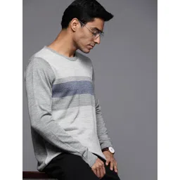Raymond Men Grey Melange & Blue Striped Woolen Pullover-picture-25