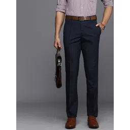 Raymond Men Navy Blue Checked Slim Fit Mid-Rise Formal Trousers-picture-18