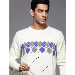 Raymond Men Off White & Blue Geometric Sweater-picture-10