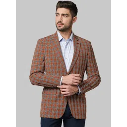 Raymond Men Orange & Grey Checked Slim-Fit Single Breasted Formal Blazer-picture-14