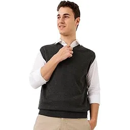 raymond Men Regular Fit Solid Pattern Merino Wool Acrylic Blend Sleeveless V Neck Casual Sweater-picture-29