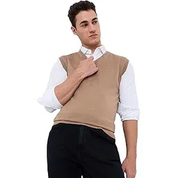 raymond Men Regular Fit Solid Pattern Merino Wool Acrylic Blend V Neck Sleeveless Casual Sweater-picture-36