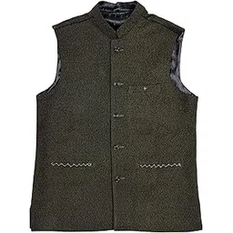 r.b.s Fine Tweed Nehru Jacket Waistcoat for Men, Dark Olive Green, Satin Lined (IN, Alpha, L, Regular, 1, Dark olive Green)-picture-10