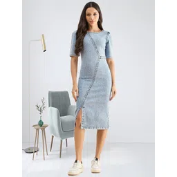 R.Code by The Roadster Life Co. Puff Sleeve Denim Sheath Midi Dress-picture-31