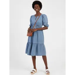 R.Code by The Roadster Life Co. Puff Sleeve Denim Sheath Midi Dress-picture-40