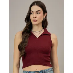 R.Code by The Roadster Life Co. Women Ribbed Shirt Collar Crop Casual Top-picture-24