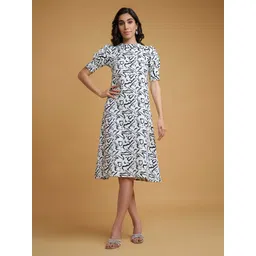 R.Code by The Roadster Life Co. Women Round Neck Abstract Print Satin Shift Dress-picture-14