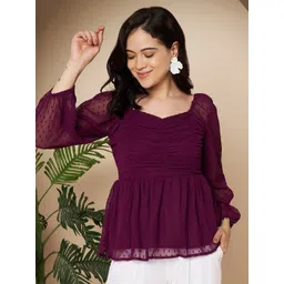 R.Code by The Roadster Life Co. Women Self Design Smocked Design Puff Sleeve Peplum Top-picture-21