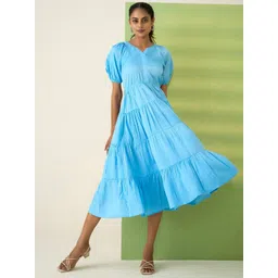 R.Code by The Roadster Life Co. Women Smocked Tiered Puff Sleeve Fit & Flare Midi Dress-picture-20