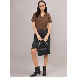 R.Code by The Roadster Life Co. Women Solid Shirt Collar Button Closure Regular Crop Top image 2