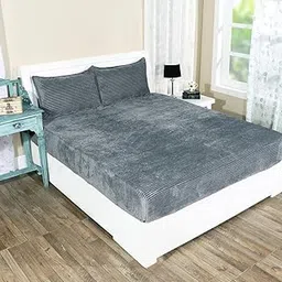RD TREND 190 GSM Warm Flannel Elastic Fitted Striped bedsheets for Winter King Size(78X72X8 Inch) with 2 Pillow Cover Size 18x28 Inches, Color-Grey, Striped-picture-13