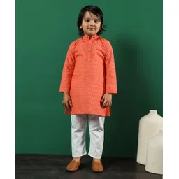 READIPRINT Cotton Full Sleeves Abstract  Embroidered  Kurta And Pyjama -  Orange-picture-36