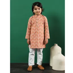 READIPRINT Cotton Full Sleeves Floral Embroidered  Kurta And Pyjama -  Rust-picture-16