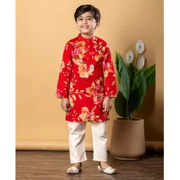 READIPRINT Cotton Full Sleeves Floral Printed Kurta & Pyjama Set - Red-picture-17