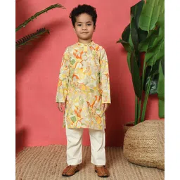 READIPRINT Cotton Full Sleeves Floral Printed Kurta & Pyjama Set - Yellow-picture-21