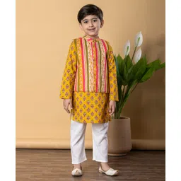 READIPRINT Cotton Full Sleeves Floral Printed Kurta Pyjama With Striped Nehru Jacket Set - Yellow-picture-15