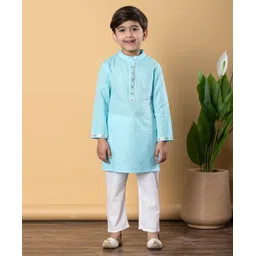 READIPRINT Cotton Full Sleeves Placket Floral Foil Printed Kurta Pyjama Set - Blue-picture-22