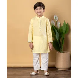 READIPRINT Cotton Full Sleeves Placket Floral Foil Printed Kurta Pyjama Set - Yellow-picture-24