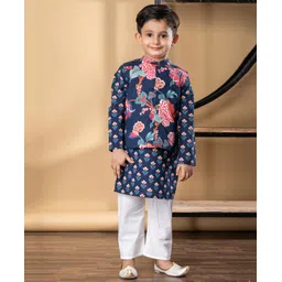 READIPRINT Cotton Woven Full Sleeves Floral Printed Kurta Pyjama With Nehru Jacket Set - Blue-picture-25