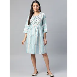 Readiprint Fashions Floral Embroidered Tie-Up Neck Cotton A-Line Dress-picture-10