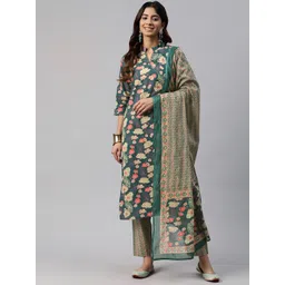 Readiprint Fashions Floral Printed Angrakha Sequinned Pure Cotton Kurta Set-picture-17