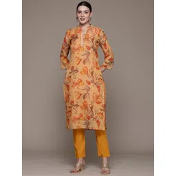 Readiprint Fashions Floral Printed Beads & Stones Linen Kurta With Trousers-picture-14