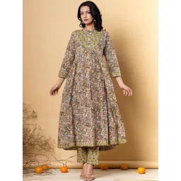 Readiprint Fashions Floral Printed Mandarin Collar Pure Cotton Kurta With Trousers-picture-27