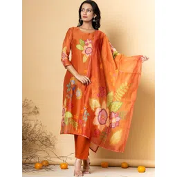 Readiprint Fashions Floral Printed Pure Silk Straight Kurta With Palazzos & Dupatta-picture-36