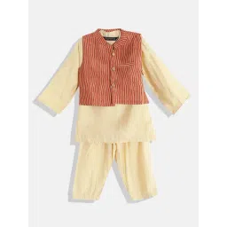 READIPRINT FASHIONS Kids Beige & Red Striped Full Sleeves Kurta, Nehru Jacket with Pyjamas-picture-27