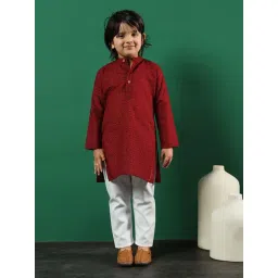 READIPRINT FASHIONS Kids Maroon & White Embroidered Full Sleeves Kurta with Pyjamas-picture-25