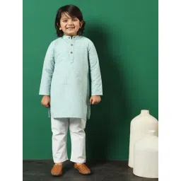 READIPRINT FASHIONS Kids Mint Green & White Embroidered Full Sleeves Kurta with Pyjamas-picture-26
