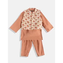 READIPRINT FASHIONS Kids Rust & Beige Printed Full Sleeves Kurta, Nehru Jacket with Pyjamas-picture-29