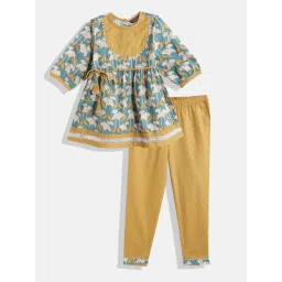 READIPRINT FASHIONS Kids Turquoise & Yellow Floral Print Kurta With Pyjamas-picture-27