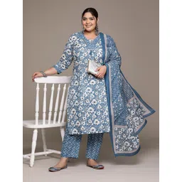 Readiprint Fashions Plus Size Floral Printed Pleated Mirror Work Pure Cotton Kurta Set-picture-11
