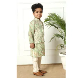 READIPRINT Full Sleeves Floral & Paisley Printed Kurta Pyjama With Nehru Jacket - Olive Green image 5