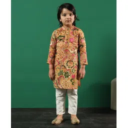 READIPRINT Full Sleeves Floral Printed Cotton Kurta With Pyjama  - Brown-picture-32