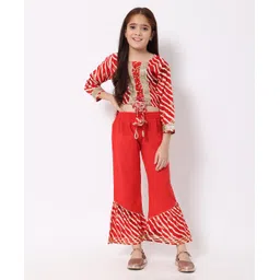 READIPRINT Rayon Three Fourth Sleeves Leheriya  Design & Laced Embellished Top And Bottom - Red-picture-13