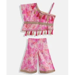 READIPRINT Sleeveless Watercolour Effect Floral Tassel Detailed One Shoulder Top With Coordinating Palazzo - Pink-picture-23