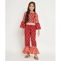 READIPRINT Three Fourth Bell Sleeves Seamless Moroccan Design Printed And Kurta Lace Embellished Co Ordinating Top And Pyjama - Red-picture-11