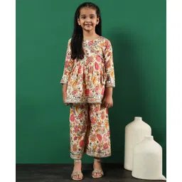 READIPRINT Three Fourth Sleeves Floral Motif Printed Kurta With Coordinating Palazzo Set - Pink-picture-15